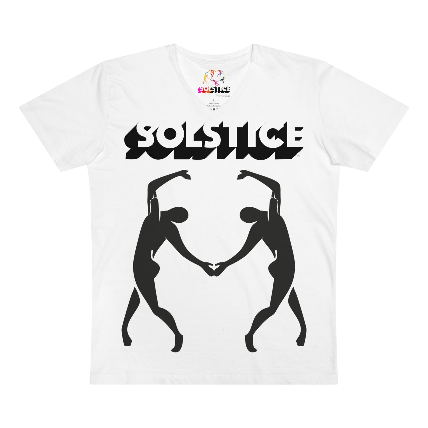 Solstice Dancers Men’s Presenter V-neck white Organic 7 bw