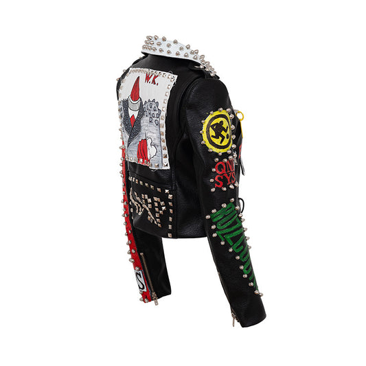 Alternative Graffiti Print Motorcycle Leather Jacket
