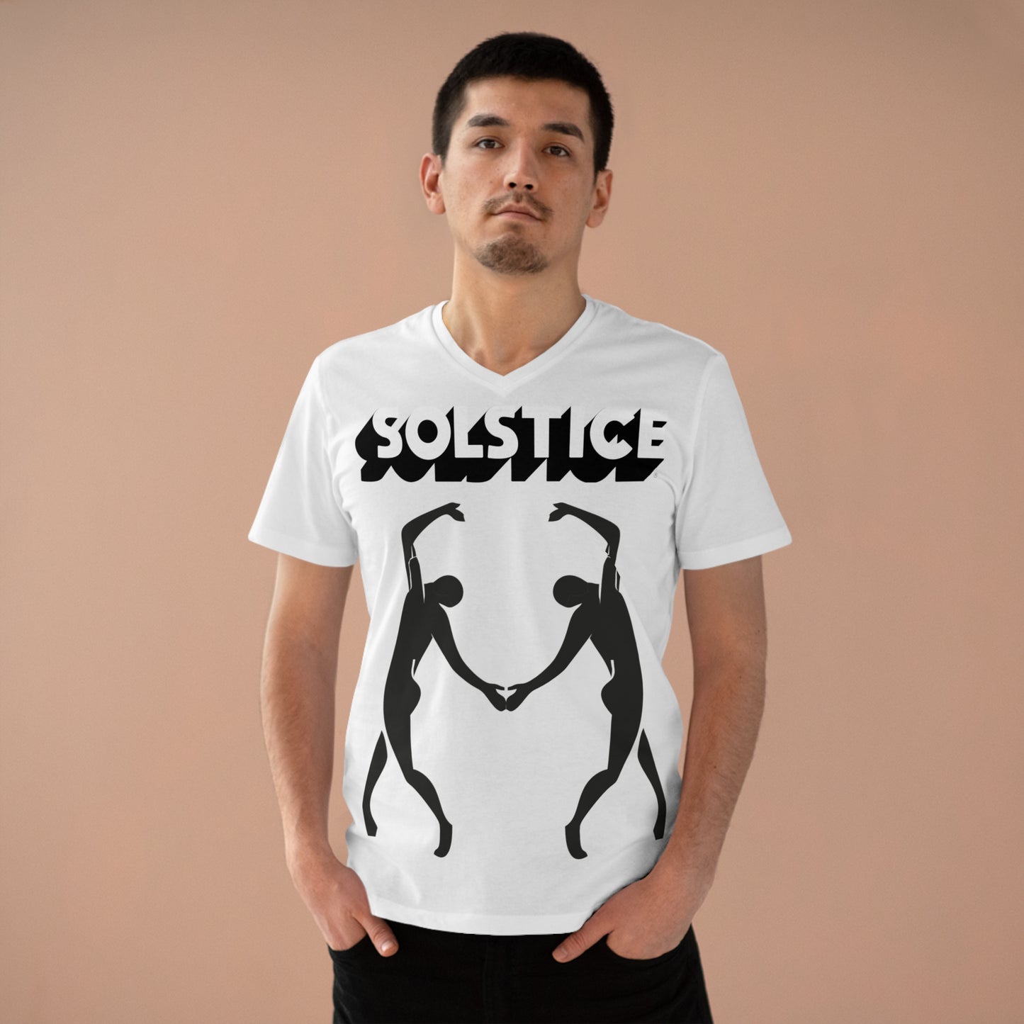 Solstice Dancers Men’s Presenter V-neck white Organic 7 bw