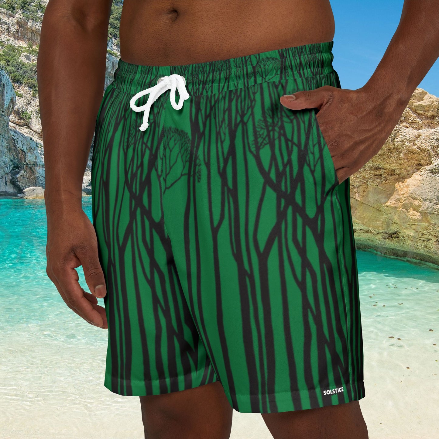 Unisex SOLSTICE TREES Dark green Swim Shorts (AOP)
