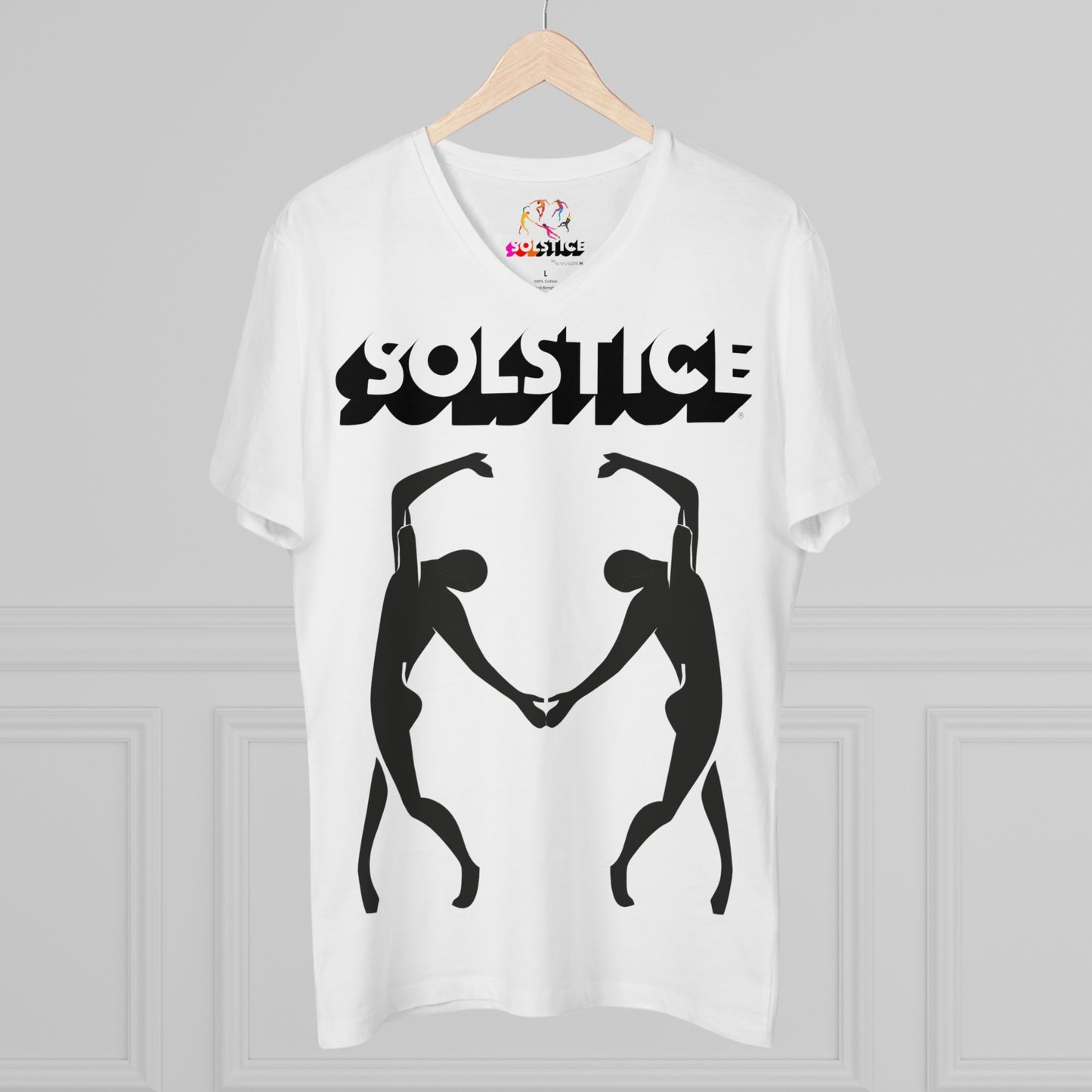 Solstice Dancers Men’s Presenter V-neck white Organic 7 bw