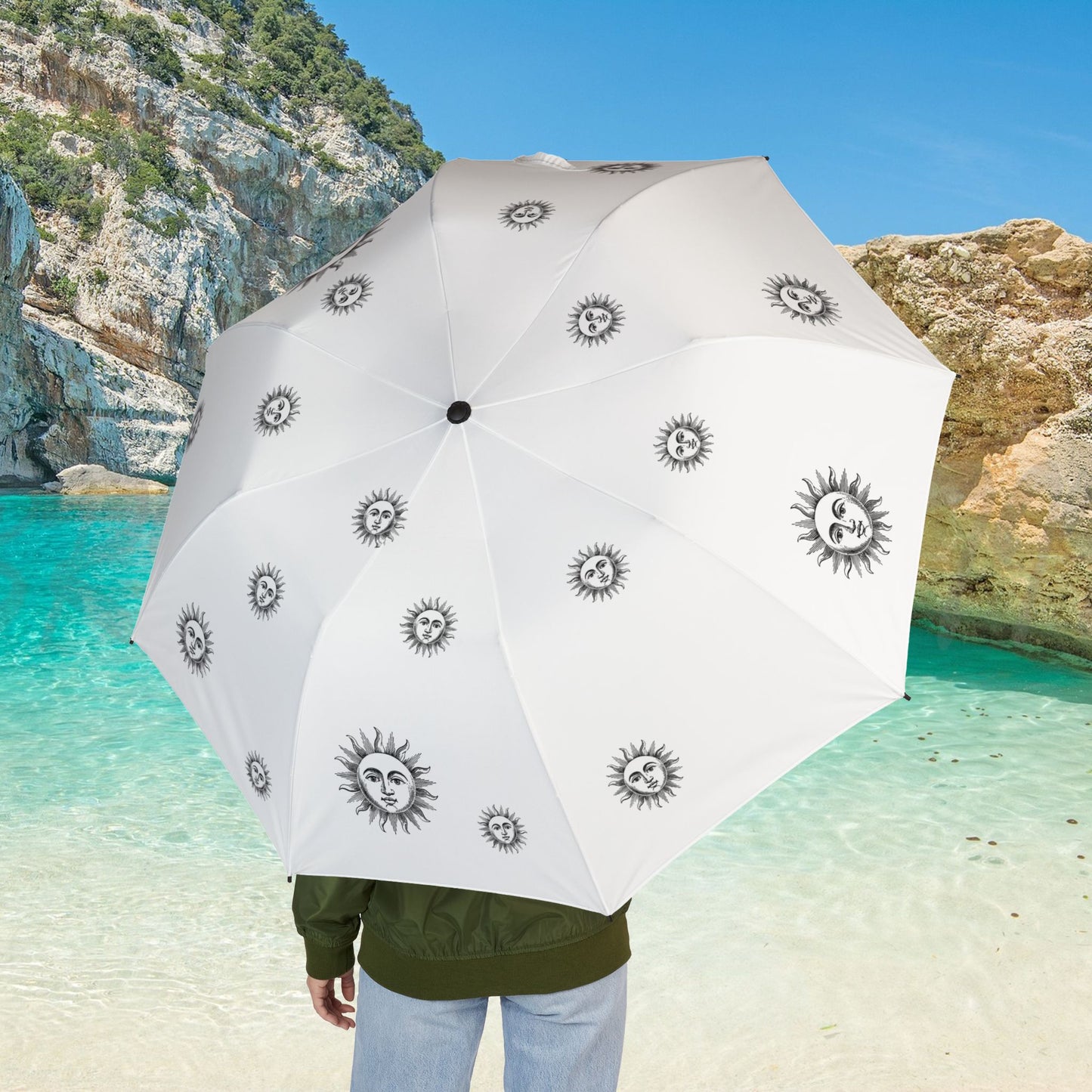 SOLSTICE white Vintage Sun Semi-Automatic Foldable Umbrella