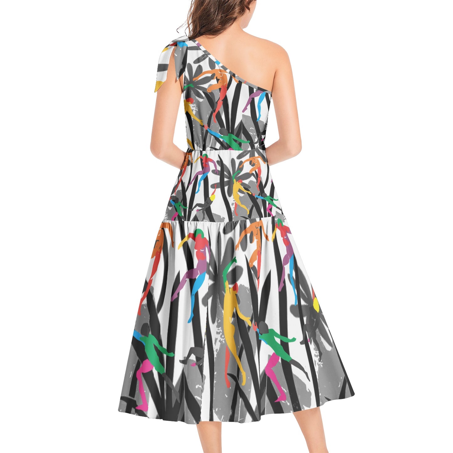 Solstice Matisse Dancers Jungle Ruffle Hem One Shoulder Midi Dress