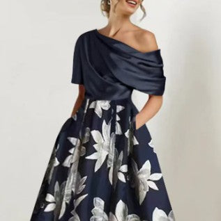 Elegant One-shoulder Printed Slim Fit Large Swing Dress