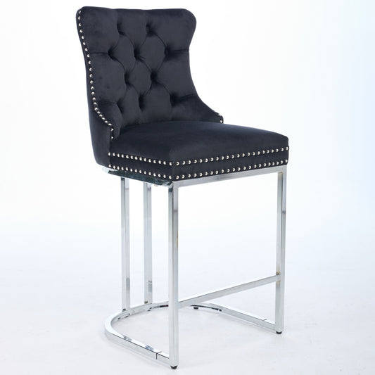 2 Pack 25 Counter Height Bar Stools Set Of 2, Modern Velvet Barstools With Button Back Rivet Trim Upholstered Kitchen Island Chairs With Sturdy Chromed Metal Base Legs Farmhouse Bar Stools, Black,