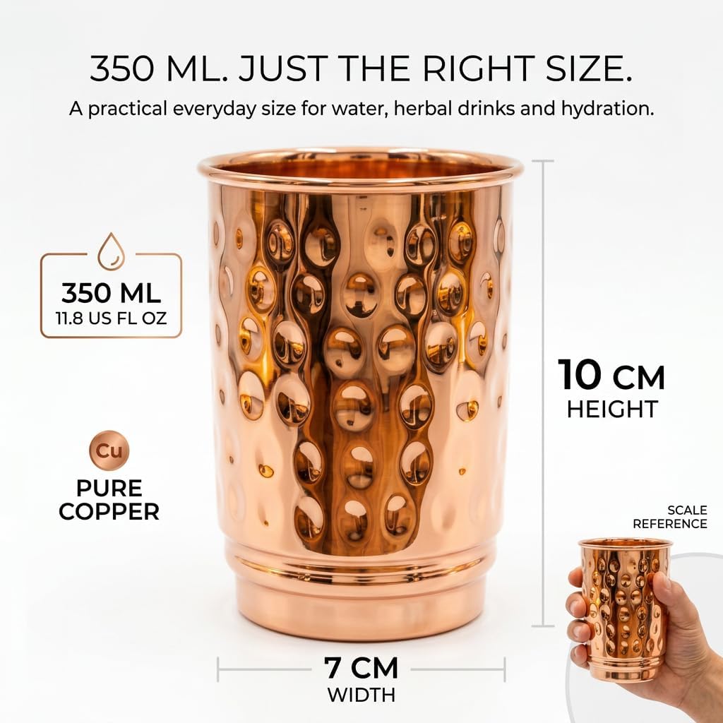 Pure Copper Hammered Tumblers Set of 4 | 350ml (11.8oz) | Handmade Ayurvedic Drinkware for Health & Wellness | Travel Copper Cups