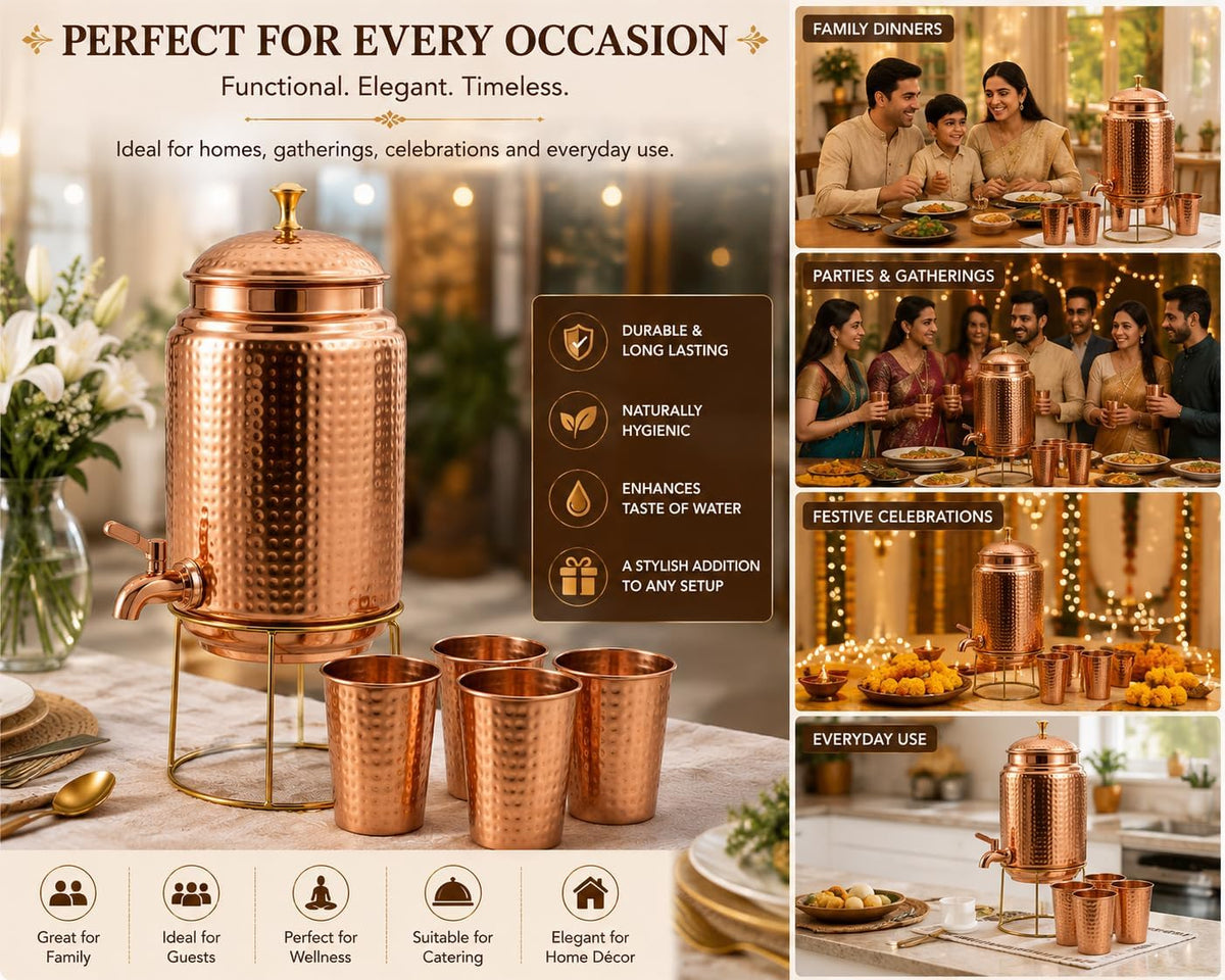Copper Water Dispenser Storage Water Tank with Tap and set of 4 Copper Glass | Water Pot | Water Storage Tank | 10 Ltr Capacity | 338 Oz