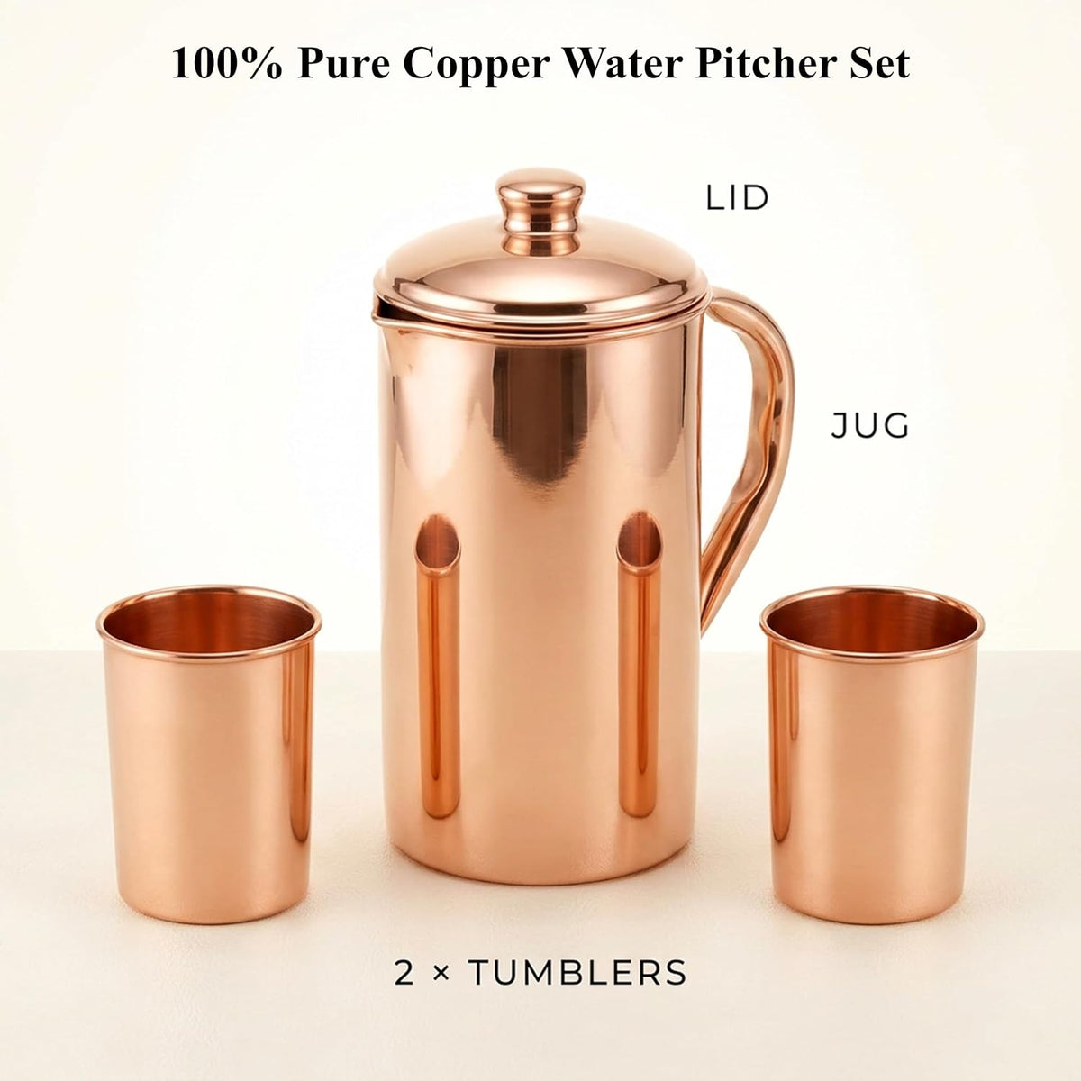 Pure Copper Jug with Lid and 2 Tumblers – Ayurvedic Water Pitcher Set with Copper Cups for Drinking and Storing Water – Handmade Drinkware