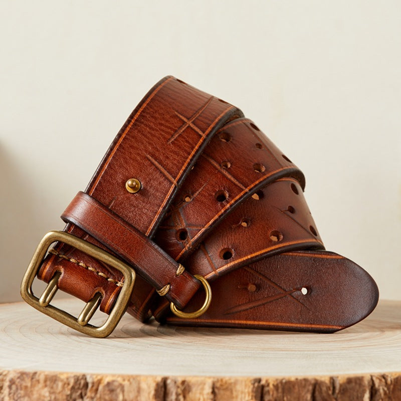 Double Needle Copper Buckle Men's Belt Retro Head Layer Pure Cowhide