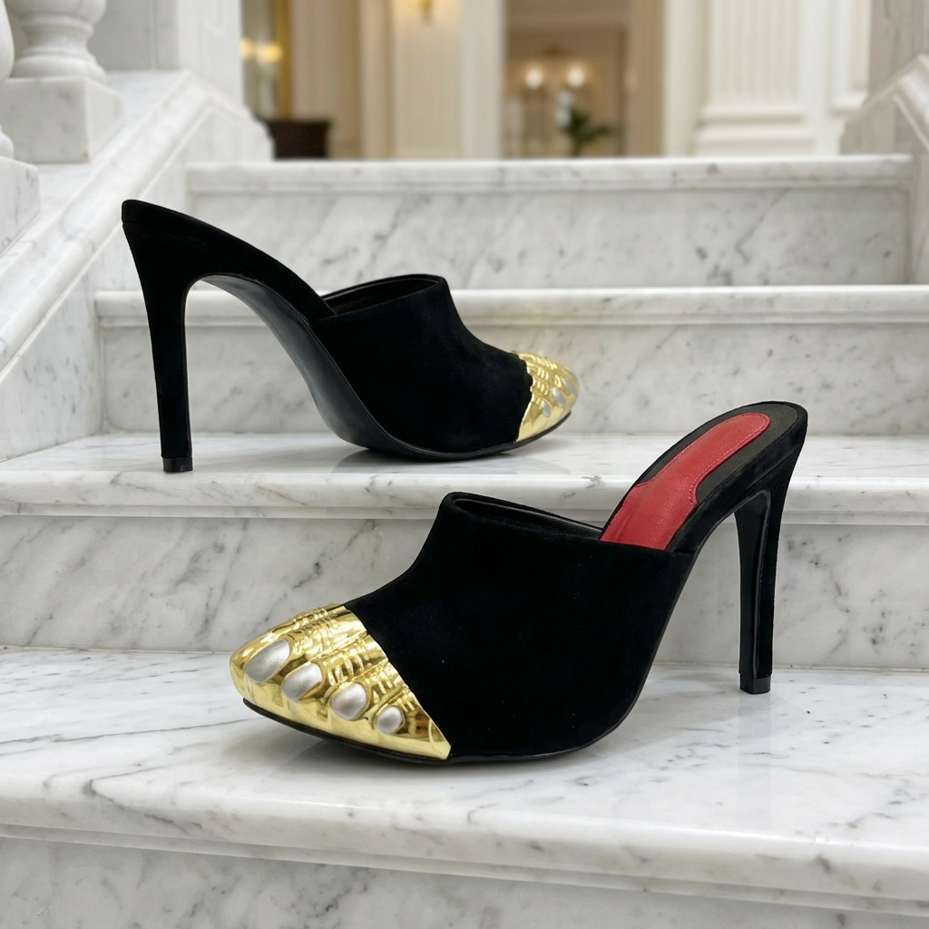 Black Strappy Gold Round Toe Five-Finger Sandals Girl Stiletto Ankle Straps Summer Suede Hollow Heels Catwalk Street Style Shoes