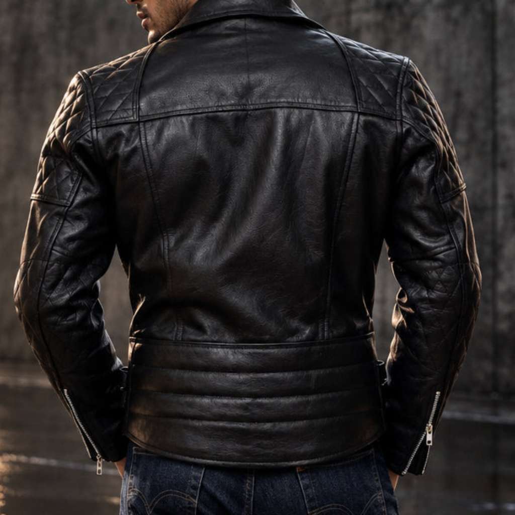 Mens Genuine Leather Biker Jacket Black Motorcycle Moto Jacket Asymmetrical Zip Quilted Shoulder Leather Outerwear