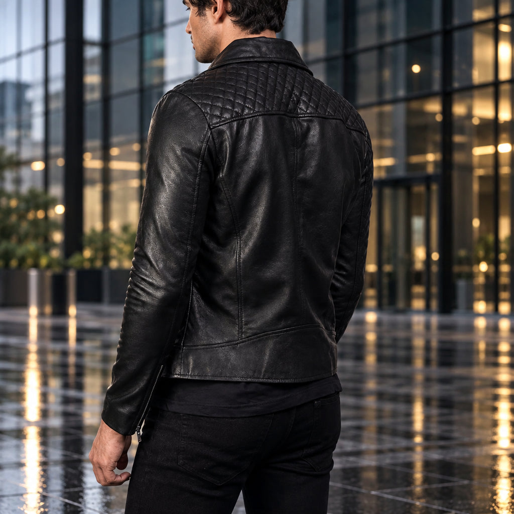 Mens Real Black Leather Jacket Asymmetrical Zip Quilted Shoulder Zip Pockets Sheepskin Biker Coat Custom Vintage Winter Outer