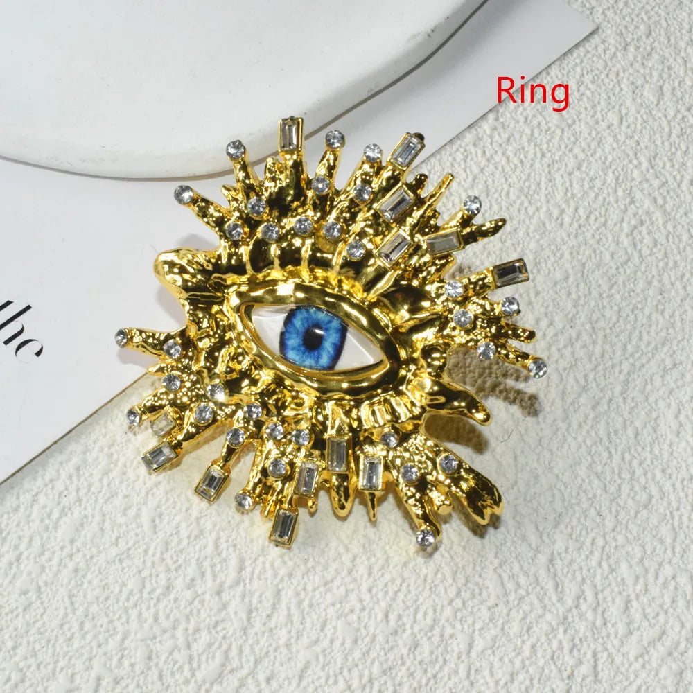 Baroque Style Metal Golden Plated Eyes Tassel Dangle Earrings Ring Brooch For Women Fashion Jewelry Exaggerated Accessories