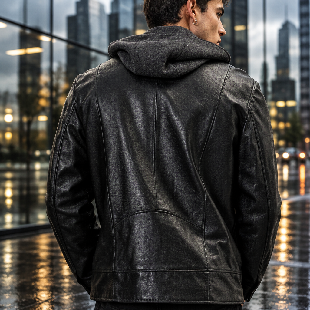 Custom Men Hooded Leather Jacket Detachable Hood Black Biker Jacket Slim Fit Motorcycle Coat Male Fashion Casual Streetwear OEM