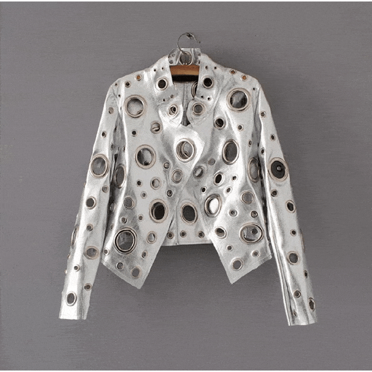 Rocker Runway Cut Out Short Faux Leather Jacket Golden Rivet Cool Stylish Designer Clothes Women European American Fashion 2022