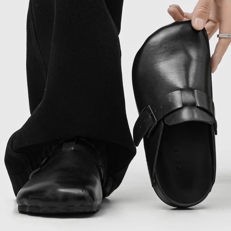 Men Women Soft Head Layer Leather Mules Thick Sole Minimalist Style Slip on