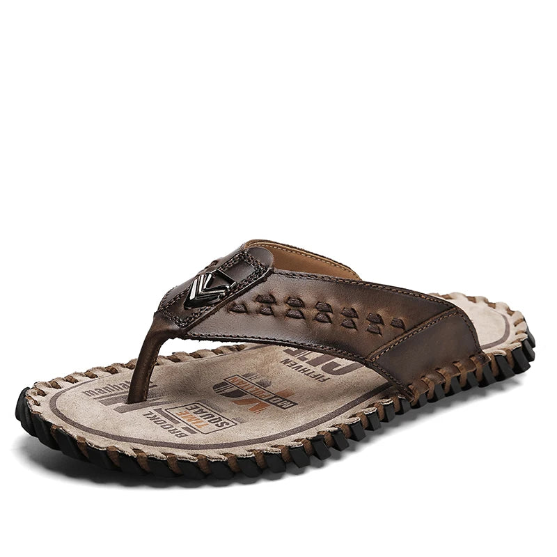 Durable Hand Stitched Men Casual Slippers Full Grain Cow Leather Soft Insole Anti Slip Summer Indoor Outside Slide Shoes