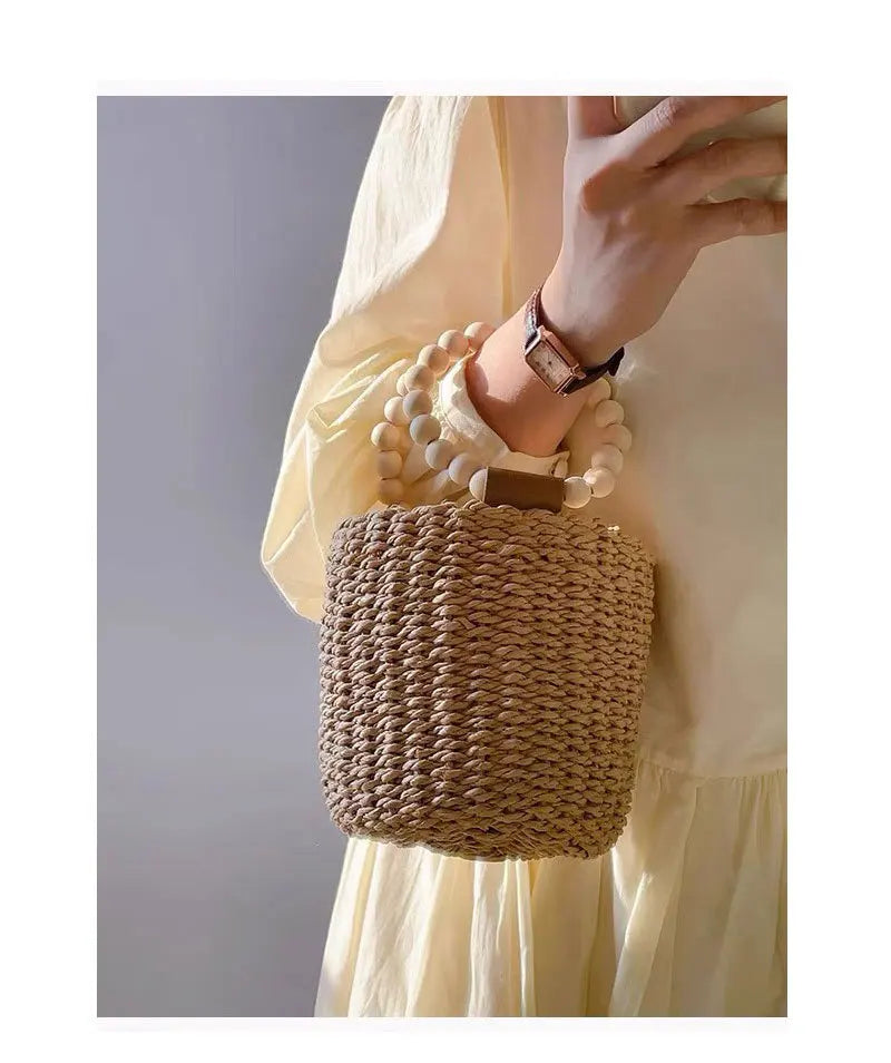 Boho 2026 New Handmade Beaded Handle Straw Woven Rattan Bucket Bag Large Capacity Soft Women's Travel Handbag