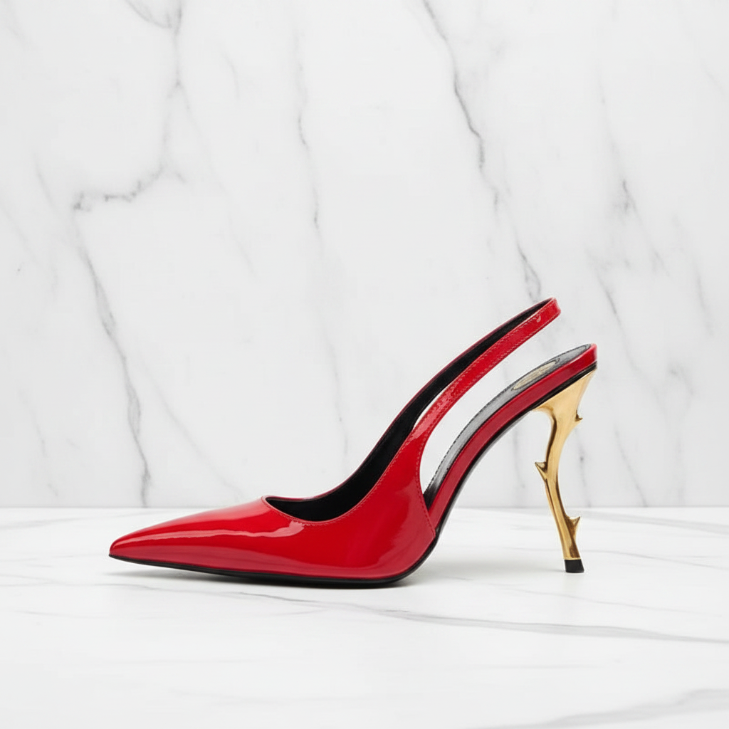 Slingback Women Back Strap Gold Strange Heels on Pumps Patent Dress Sandals Pointed Toe Shoes