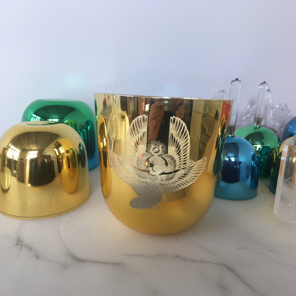 24k gold crystal singing bowl with ISIS egraved 432hz standard perfect pitch 3rd octave C note or C# or D or D# note chakras