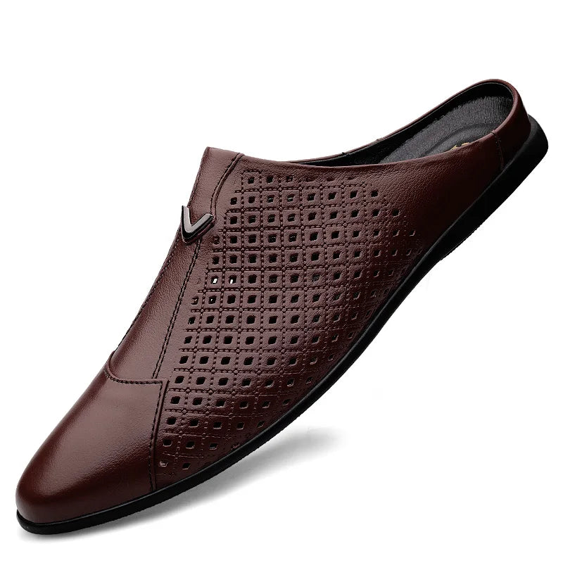 Large Size Man Hollow-Out Cow Leather Loafer Breathable and Durable Casual Half Shoes
