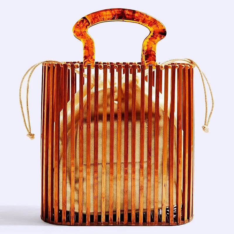 New Luxury Women Bags Designer Summer Acrylic Women Handbags Hollow Out Woven Bamboo Beach Basket Bag Bali Travel Bucket Handbag