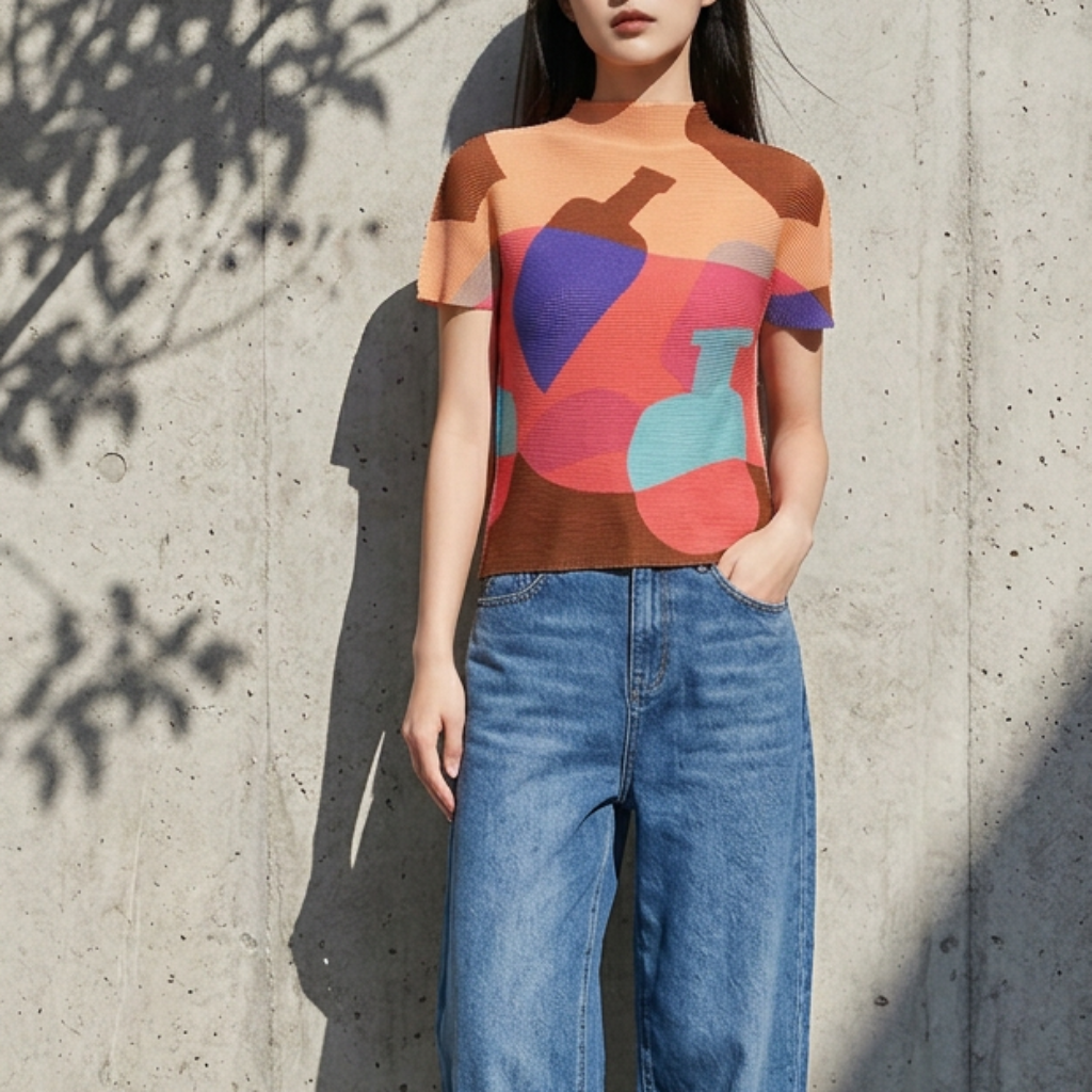 Miyake Pleated Printed T-Shirt for Women Custom Designs Breathable Chiffon Casual Style Spring/Summer Collection