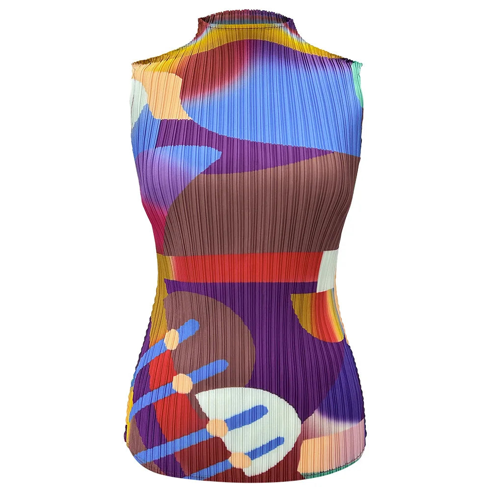 Miyake Pleated Geometric Playground Printed High-neck Sleeveless Top