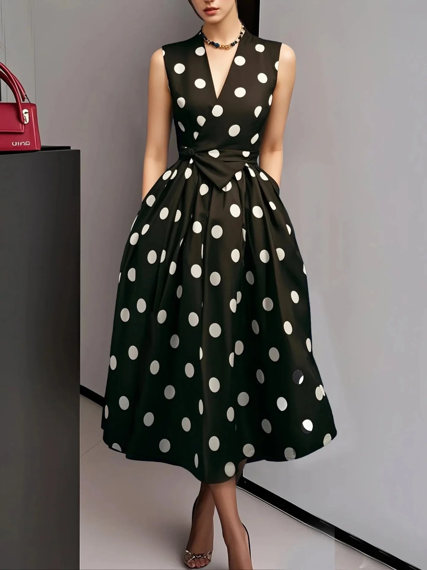 Summer Dresses for Women Sleeveless Retro Hepburn Polka Dot V-Neck Black White Pin Up Party Rope Big Swing Vestidos