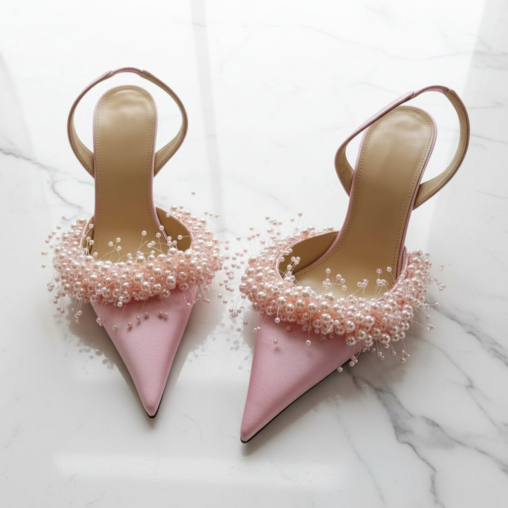 White Pearl Embellished Slingback Pumps Pointy Toe Satin Stiletto Heels Women's Pumps Bridal Wedding Slip On Party Shoes Elegant