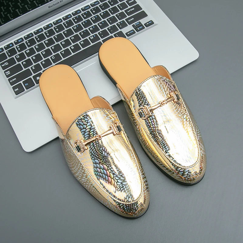 Fashion Brand Men's Cool Snake Skin Pattern Comfortable Half Back Leather Shoe Summer Men Breathable Bottom Casual Leather Shoes