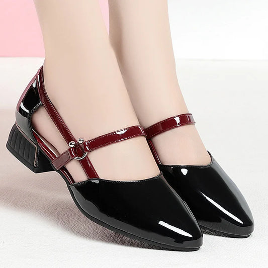 2024 Soft Leather Sandals Women Spring Summer Fashion Pointed Tip Single Shoes Low-Heel Hollow Buckle Ventilate Office Gentle