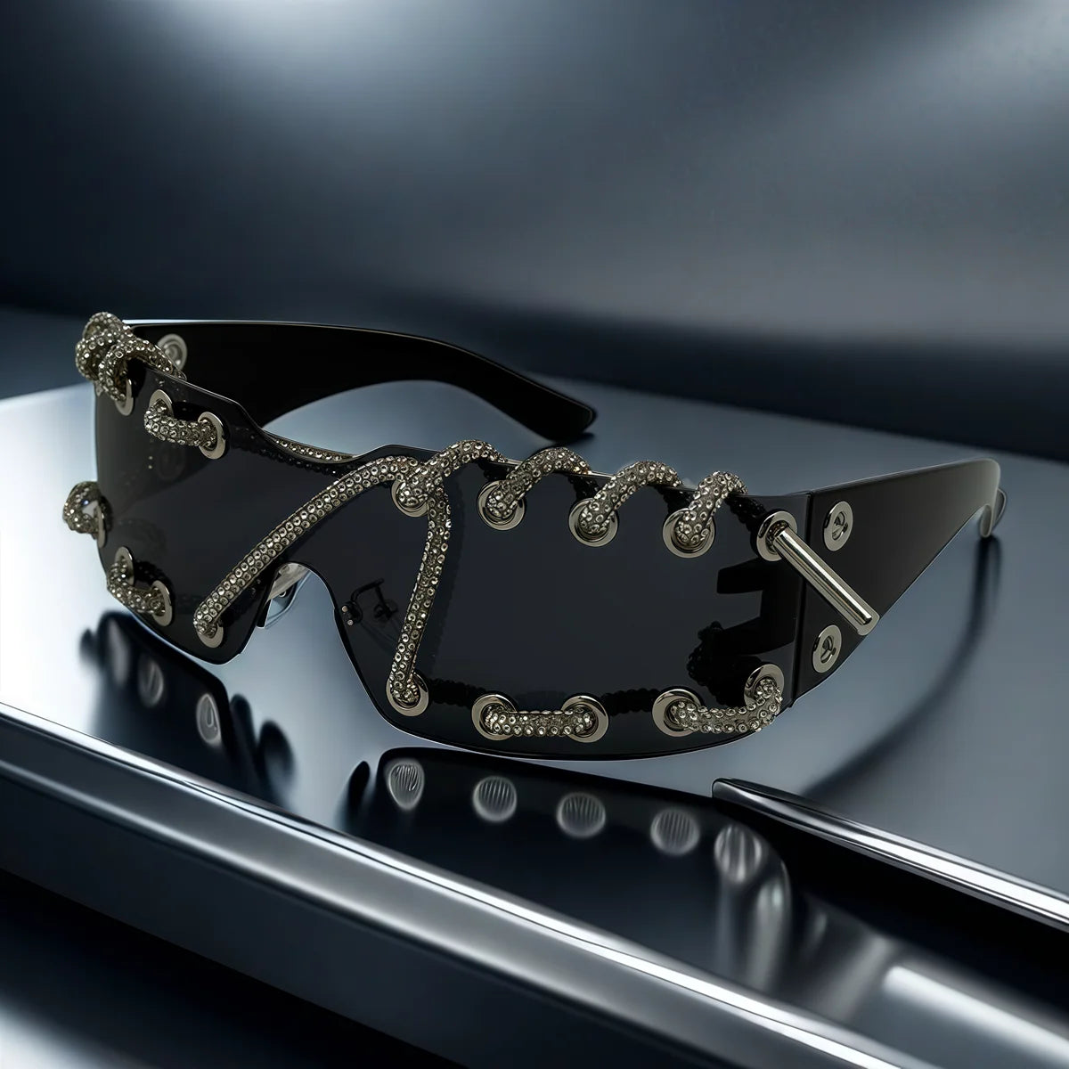 Punk Luxury Rhinestone Chain Sunglasses for Men Women One-piece Frameless Trendy Original Design Streetwear Party Shades