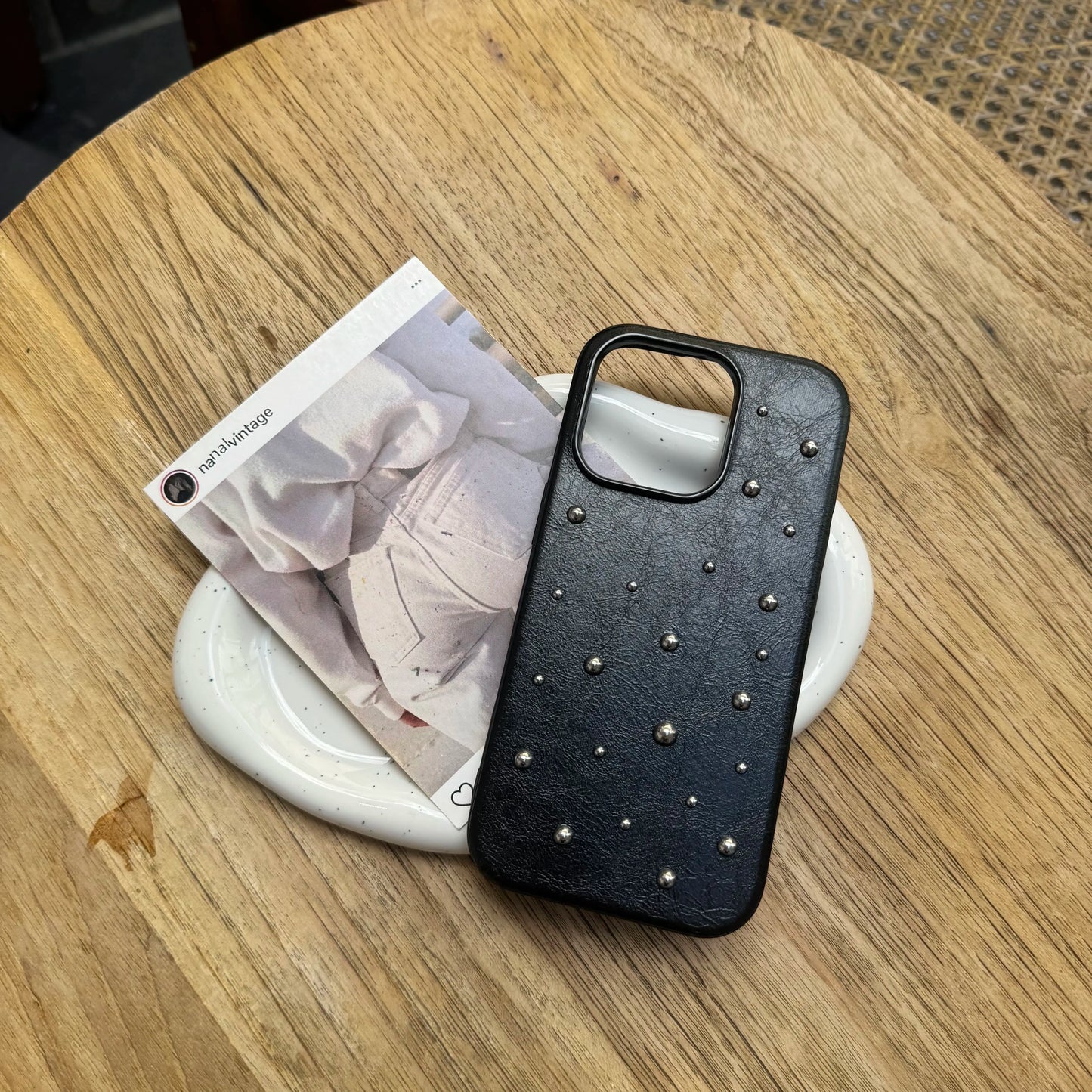 Chic iPhone case 17 16 15 14 Pro Max 17Air Case Fashion Advanced Black Leather Stereoscopic Small Round Bead Rivet Phone Cover
