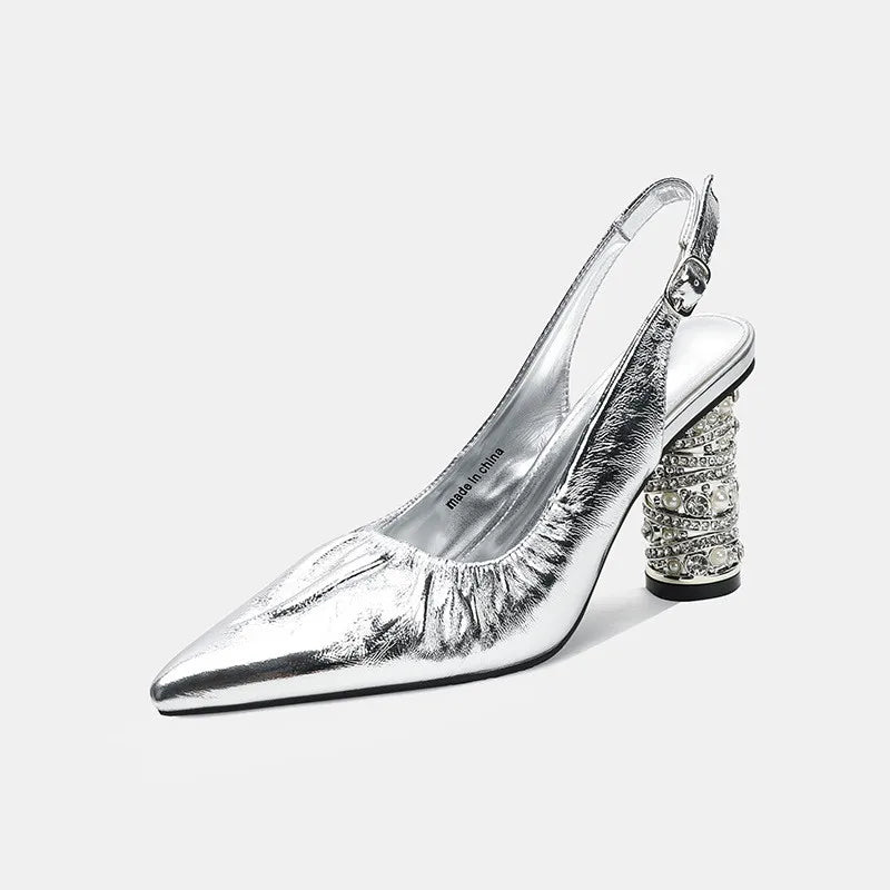 Luxury Pearls Rhinestones Genuine Leather Women Pumps Elegant Pointed toe Pleated Slingbacks High heels Female Party Dress Shoes