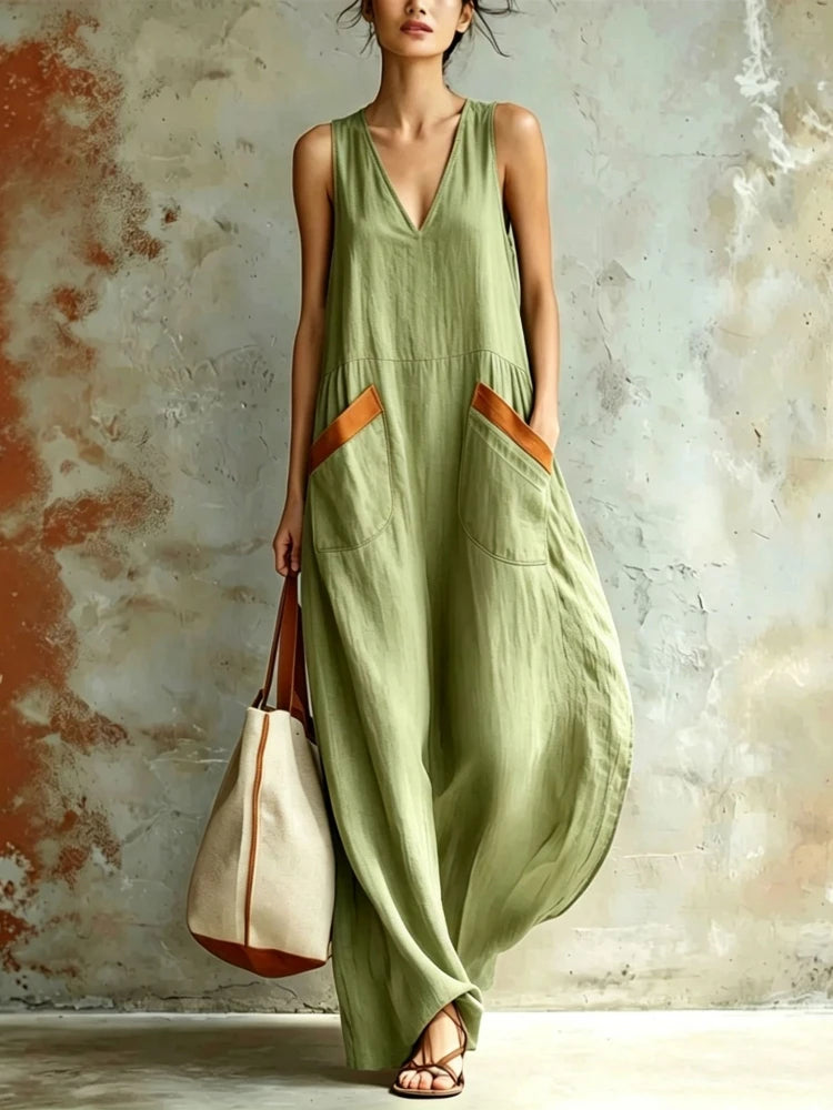 Women Boho Sleeveless Maxi Dress Deep V Neck Flowy Long Tank Dress Summer Casual A-line Loose Color Blocking Pockets Dresses