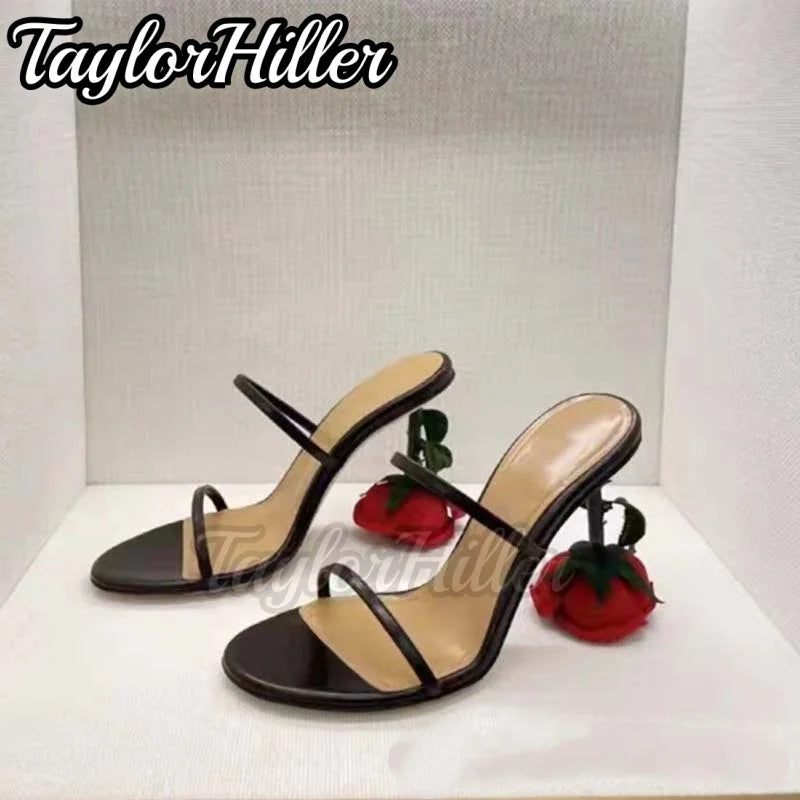 Vintage Strange Style Heeled Sandals Double Strappy Luxury Rose Design Summer Mule High Heels Pull On Slip On Black White Shoes