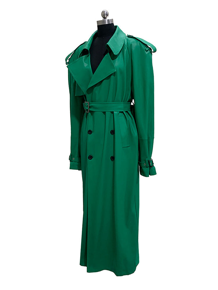 Nerazzurri Autumn Extra Long Soft Green Oversized Pu Leather Trench Coat for Women Shoulder Pads Belt Double Breasted Overcoat