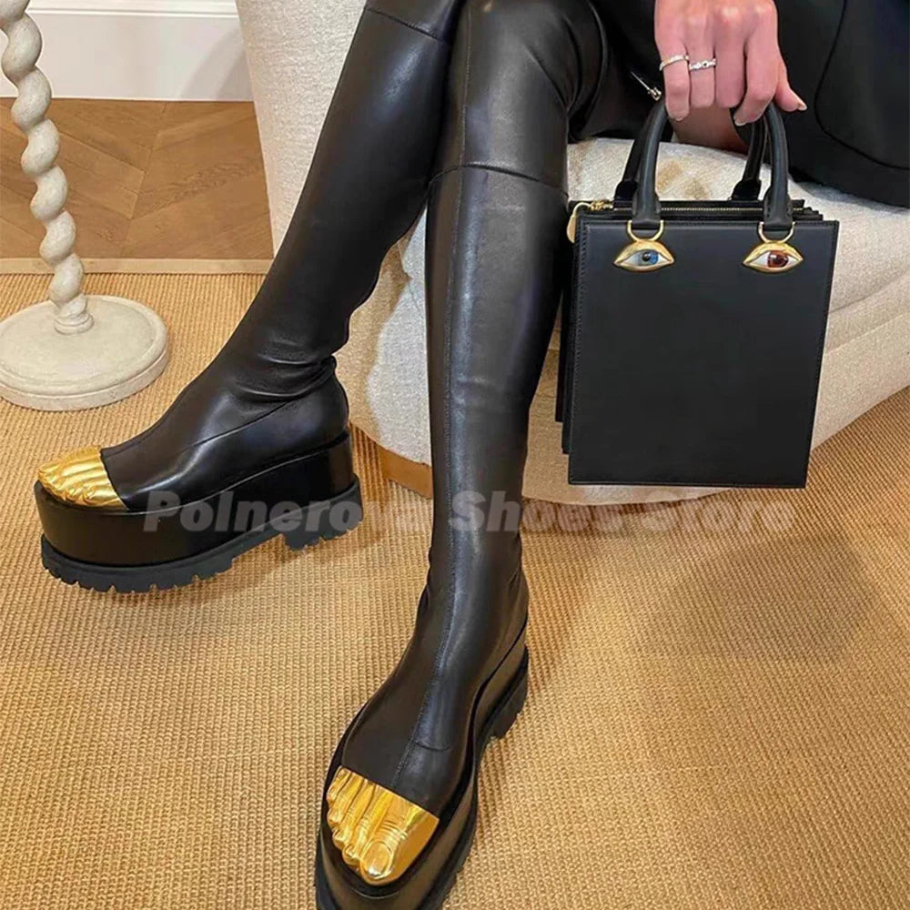 Gold Brass Toes Boots Women Five Gold Fingers Booties Back Zippers High Top New Fashion Banquet Runway 2024 Zapatos Para Mujere