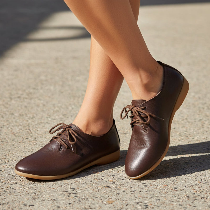 Genuine Leather Oxford Shoes For Women Round Toe Lace-Up Casual Shoes Spring And Autumn Flat Loafers Shoes