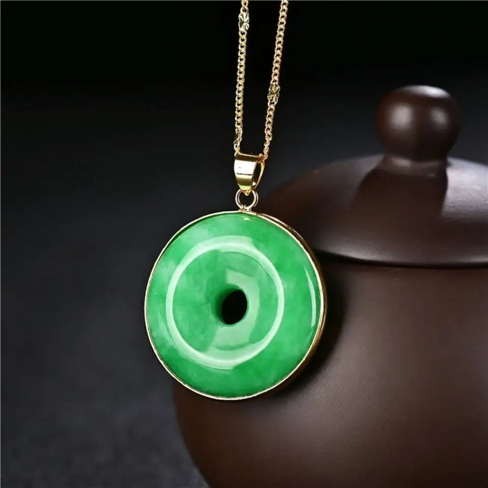 925 Silver Inlaid Natural Yang Green Jade Peace Buckle Goodluck Pendant Men's and Women's Lutong Jadeite Necklace Exquisite Jewelry