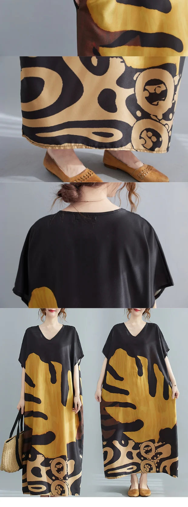 Faionable V-ne Printed Casual ort-sved Long Dr plus Size Women's New Sle Ele Aosphere Korean Version