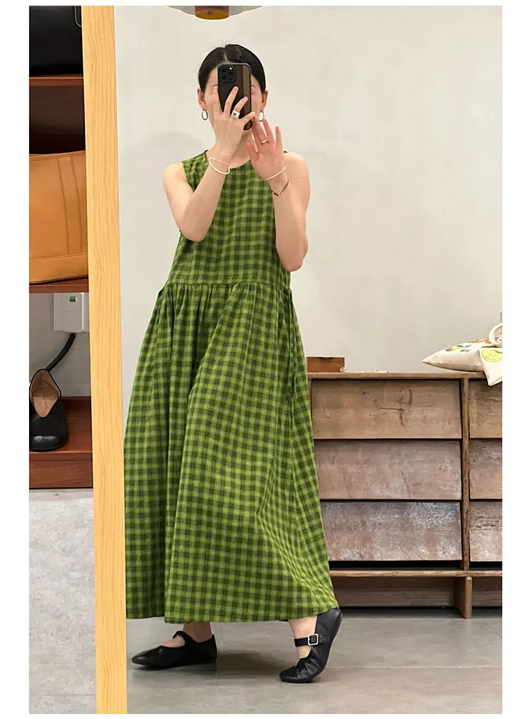 Slimming Plaid Cotton Lin Svel Long Dr Women's plus Size Dstring Waist round Ne Vest Skirt Commute Sle Summer...
