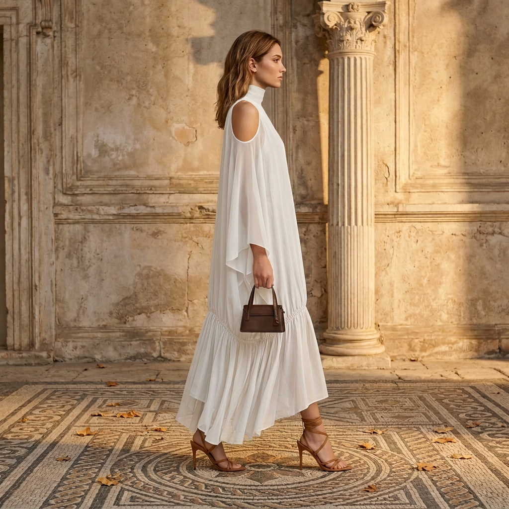 Elegant Women Sheer Chiffon Maxi Dress Turtleneck Batwing Sleeve Loose Flowy Ruffle Long Dress Casual Holiday Party Dresses