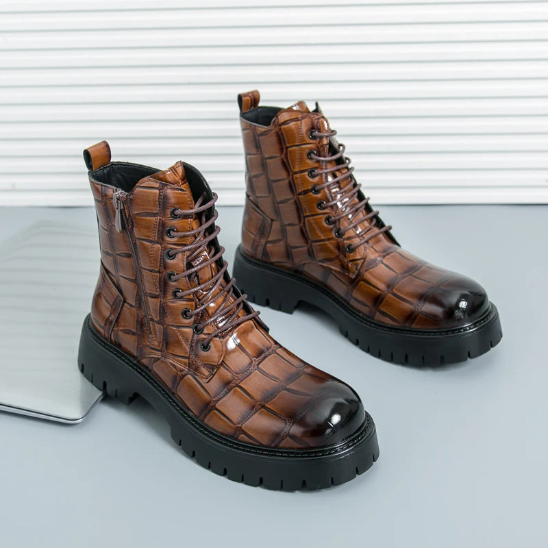 Luxury Brand Men's Autumn and Winter Crocodile Leather Side Zipper High Top Boots Fashionable New Men's Comfortable Short Boots