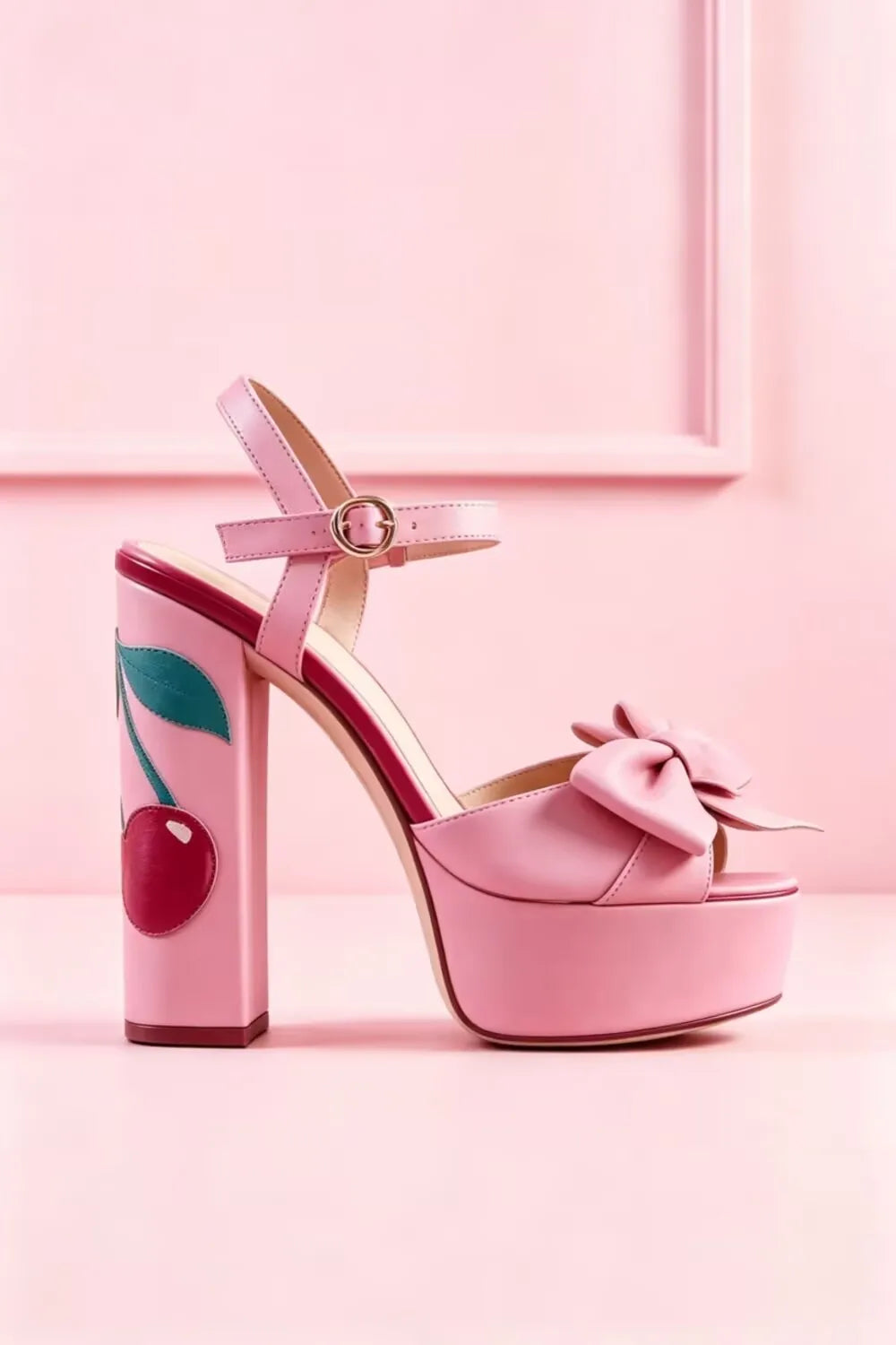 Light Blue/Pink Platform Heeled Sandals Oversized Bow Decoration Chunky Block Heel Cherry Print Detail Sweet Peep-Toe Sandals