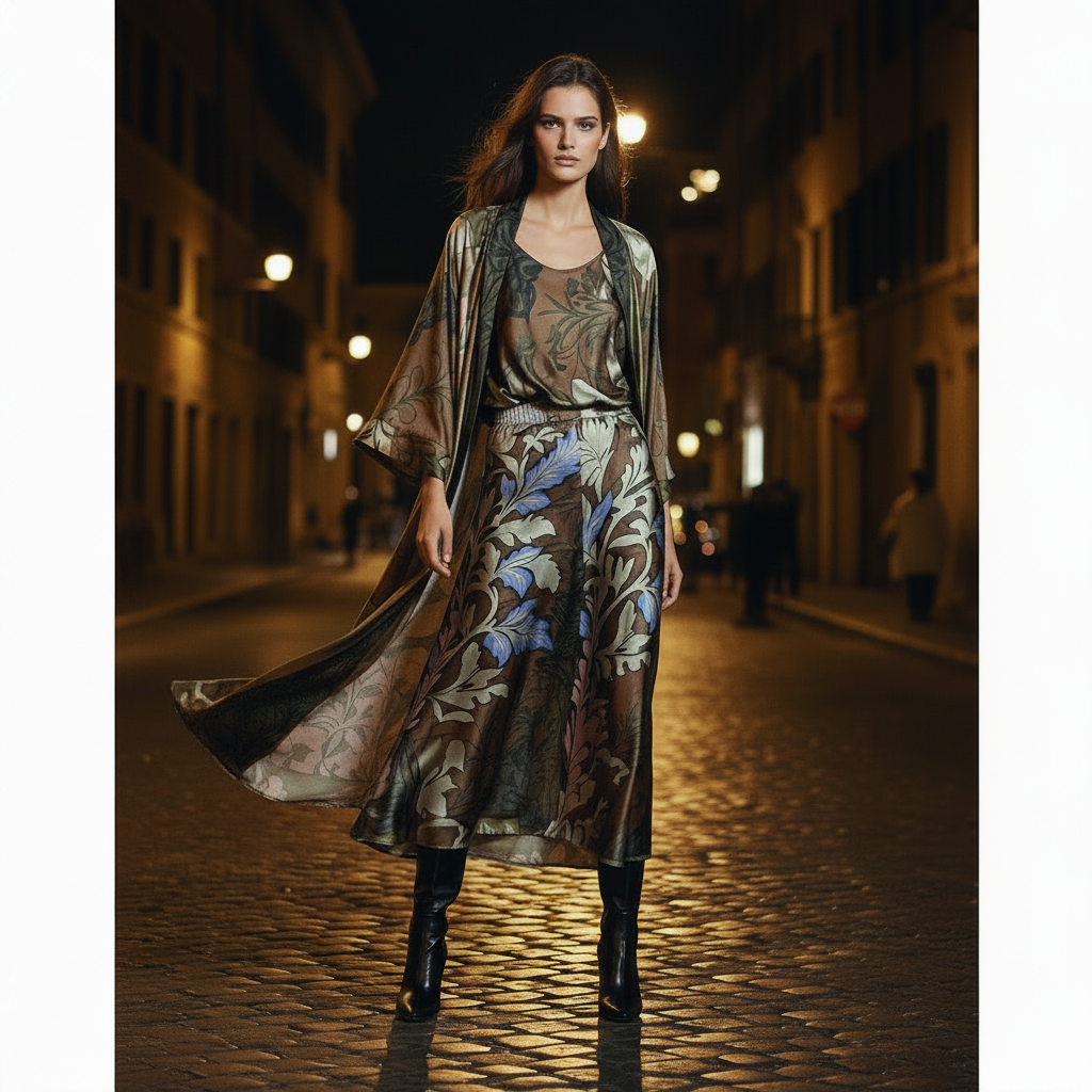Retro positioning printed long cardigan+vest three piece set 2026 spring women's clothing+loose pants skirt fashion set