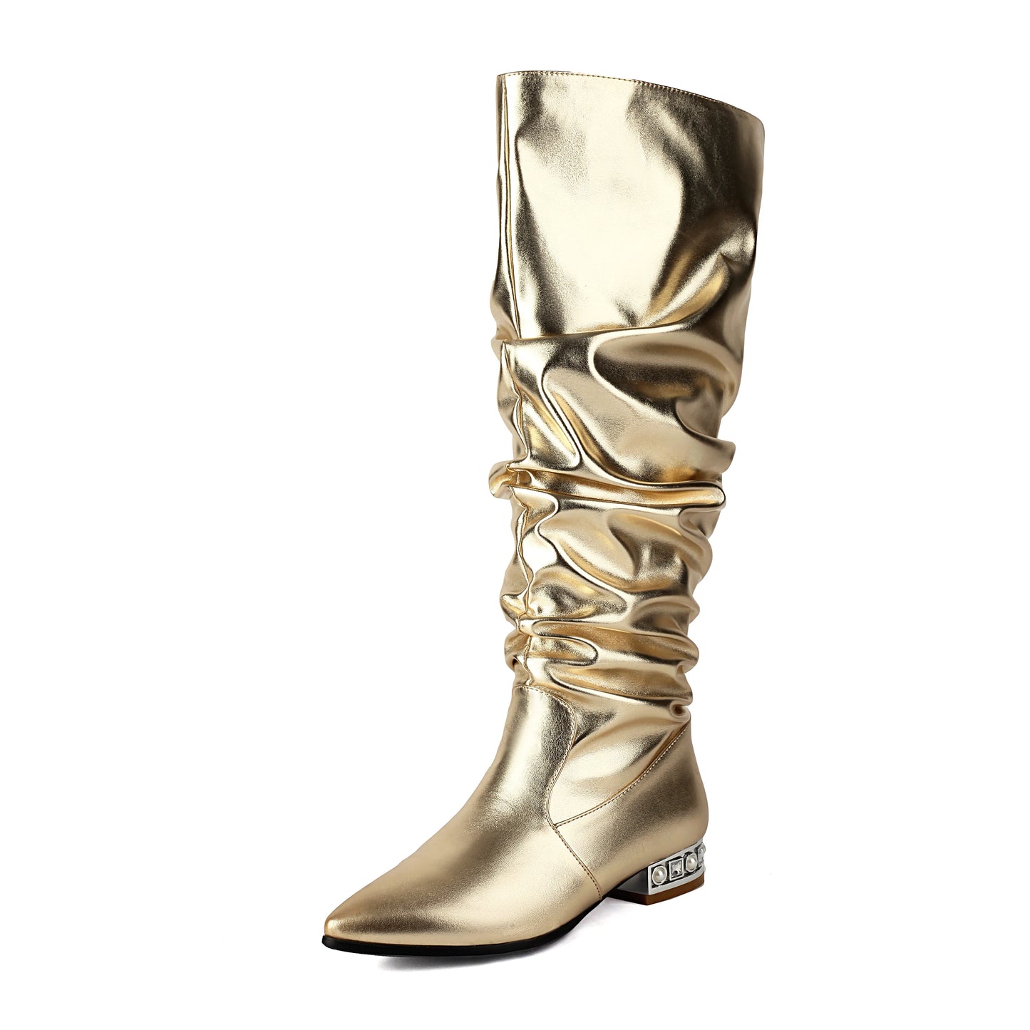 Women Winter Slouch Knee High Boots Golden Sparkly Crystal Boots