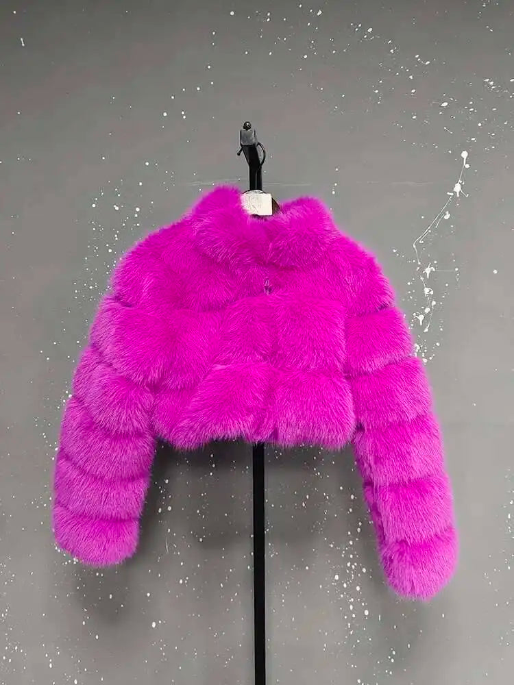 DEAT Fashion Women's Faux Fur Coat Stand Neck Long Sleeve Zipper Short Solid Color Thick Warm Jackets Winter 2024 New 7AB6434