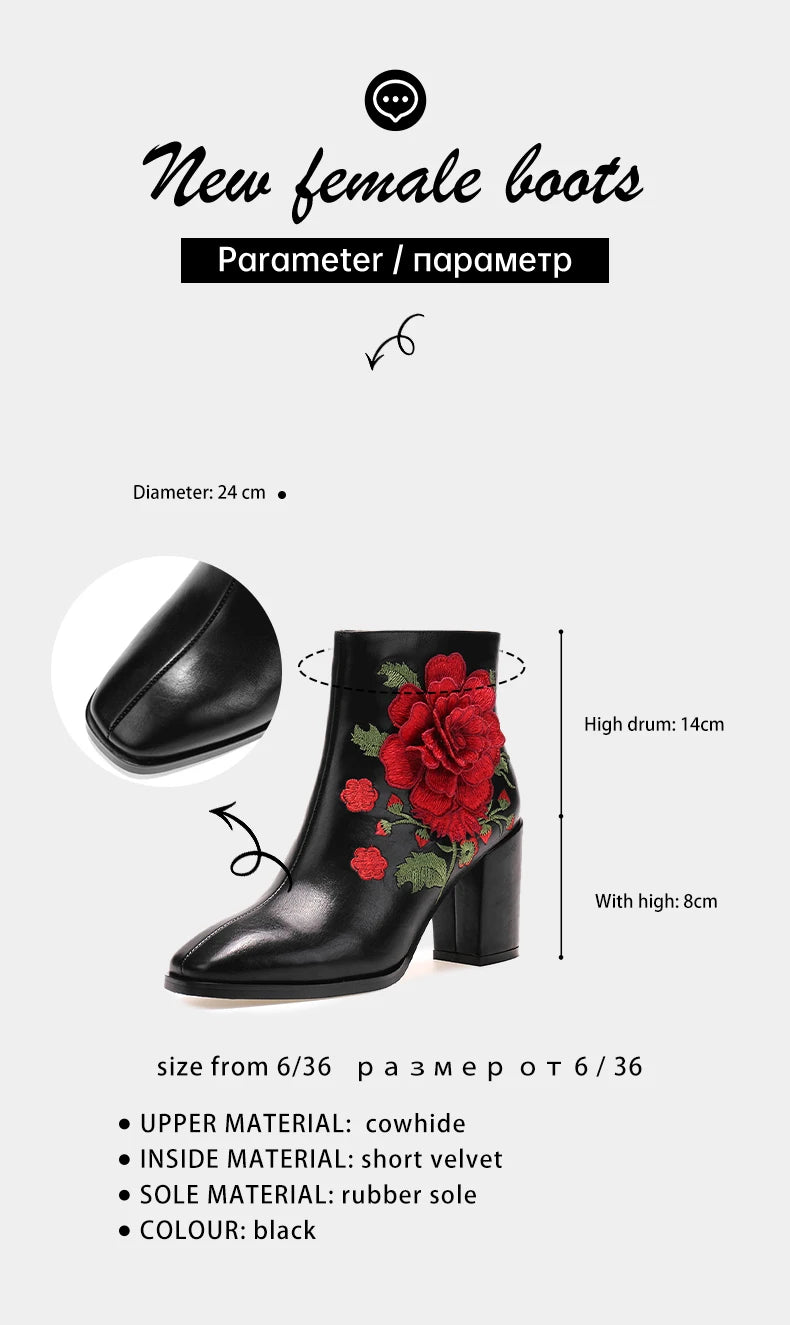 Luxury Elegant Women Embroidery Flower Ankle Boots,Retro Ethnic Style Winter Shoes,Short Botas,Pointed Toe,Side Zip,BLACK
